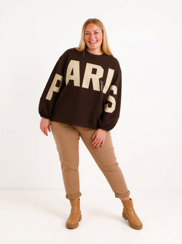 Oversize Sweatshirt TESSA – PARIS Statement-Print über Front & Ärmel – Gr. 40–46