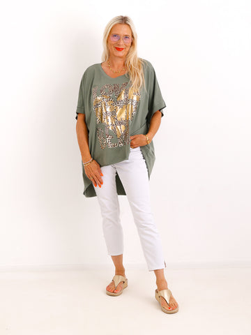 Oversize-T-Shirt JOHANNA.S – Goldener Leo-Print mit Statement – Gr. 38–48