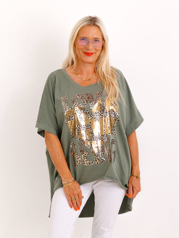 Oversize-T-Shirt JOHANNA.S – Goldener Leo-Print mit Statement – Gr. 38–48