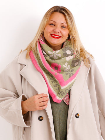 VALENTINA Dreiecksschal  - grün / pink / wollweiß