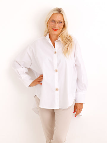 Oversize Bluse VIRELLA – Abnehmbare Statement-Blumenknöpfe mit Klick-System – Gr. 40–46