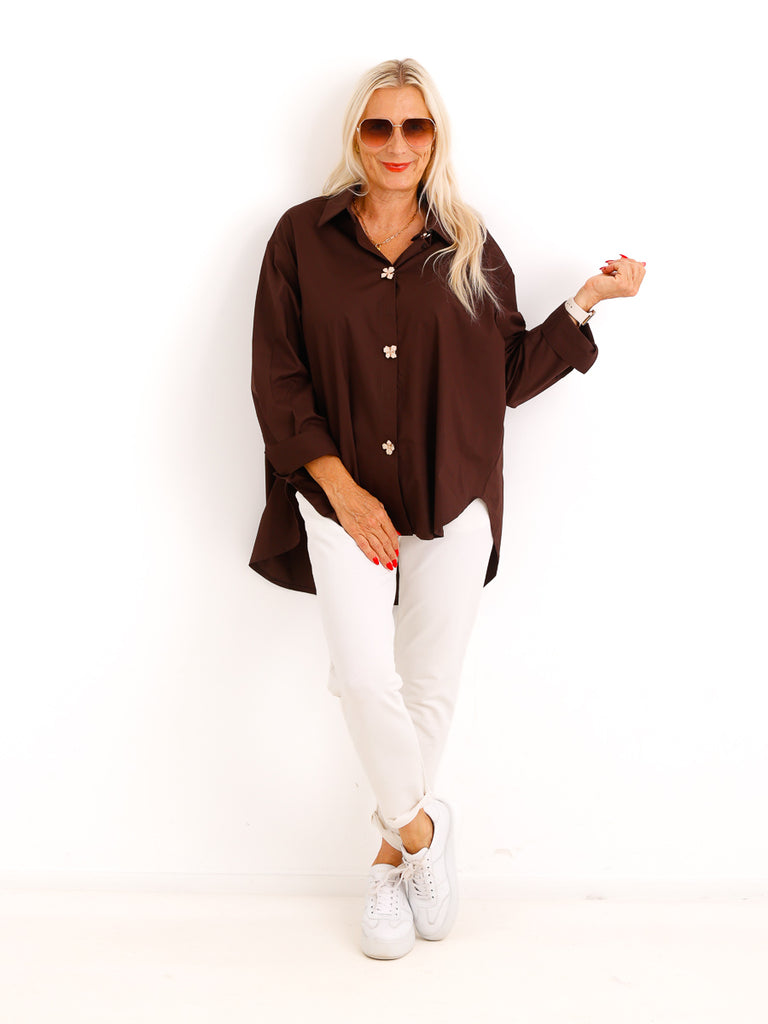 Oversize Bluse VIRELLA – Abnehmbare Statement-Blumenknöpfe mit Klick-System – Gr. 40–46