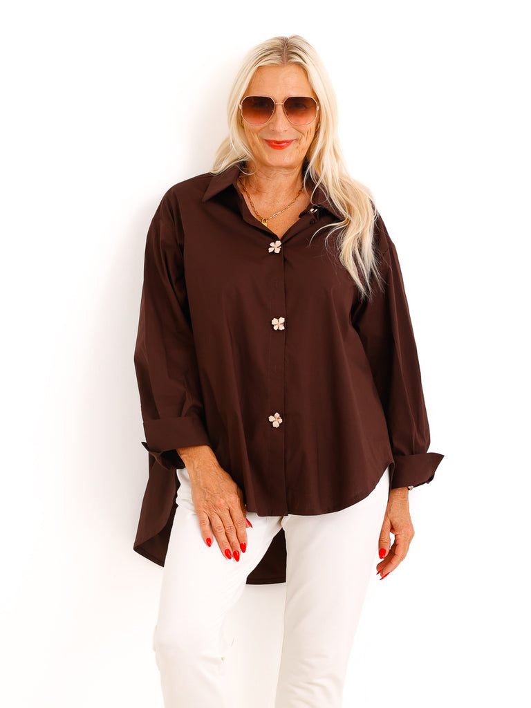 Oversize Bluse VIRELLA – Abnehmbare Statement-Blumenknöpfe mit Klick-System – Gr. 40–46