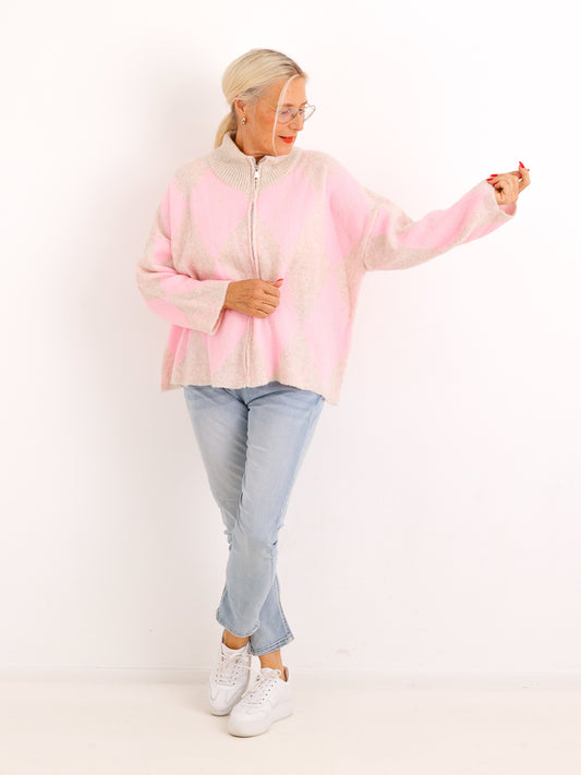 Oversize Strickjacke NALIVI – Gemusterter Zip-Look mit Stehkragen – Gr. 38–42