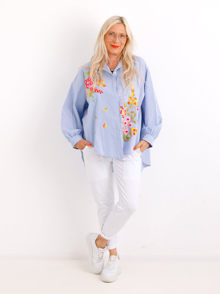 Oversize Streifenbluse SADIE.S – Blumen-Stickerei – Gr. 38 bis 48