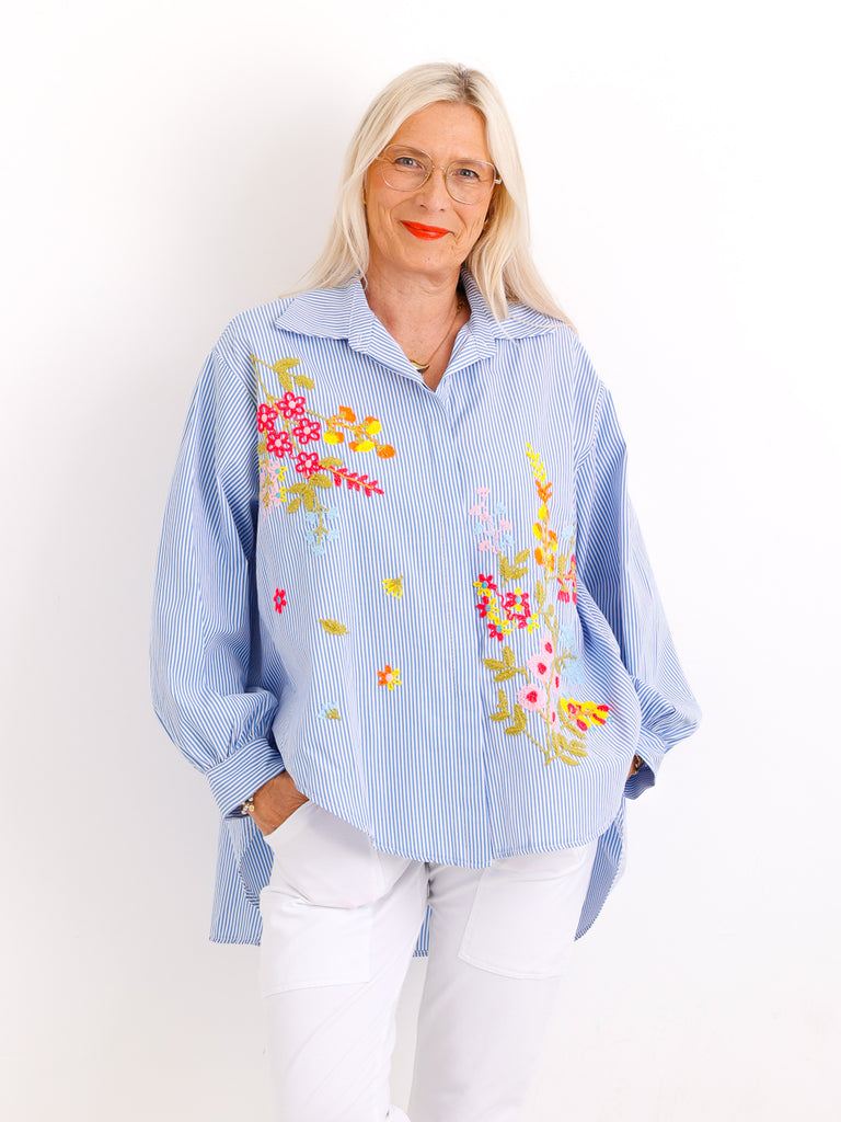 Oversize Streifenbluse SADIE.S – Blumen-Stickerei – Gr. 38 bis 48