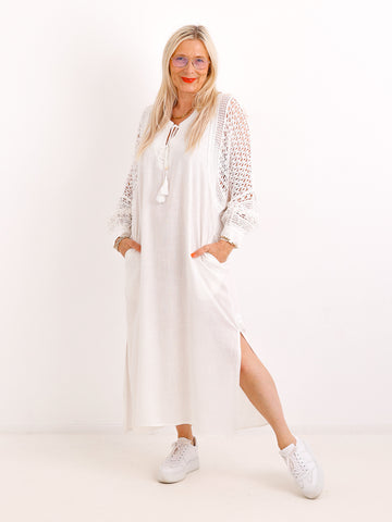 Boho-Maxikleid ESTELLE.S  – Häkel-Rücken & Ärmel – Leinen-Mix – Gr. 38-42
