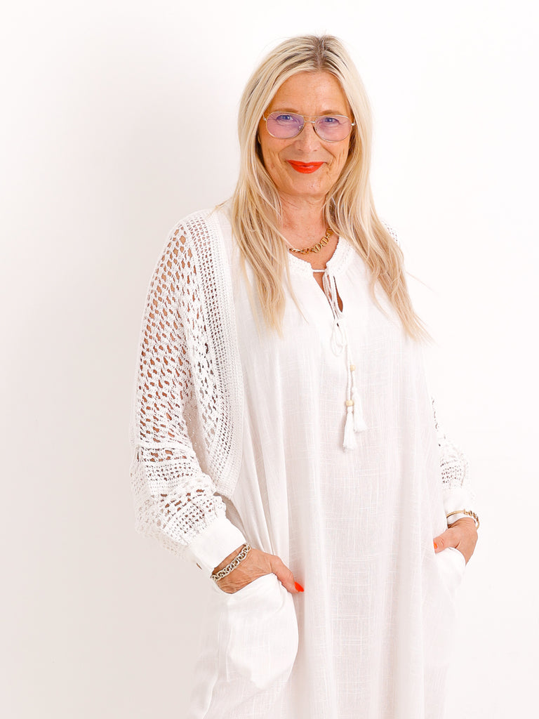Boho-Maxikleid ESTELLE.S  – Häkel-Rücken & Ärmel – Leinen-Mix – Gr. 38-42