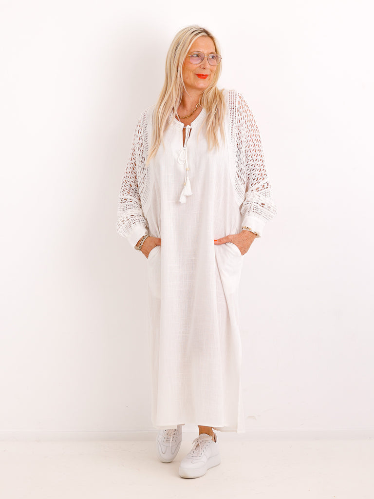Boho-Maxikleid ESTELLE.S  – Häkel-Rücken & Ärmel – Leinen-Mix – Gr. 38-42