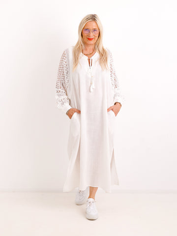 Boho-Maxikleid ESTELLE.S  – Häkel-Rücken & Ärmel – Leinen-Mix – Gr. 38-42