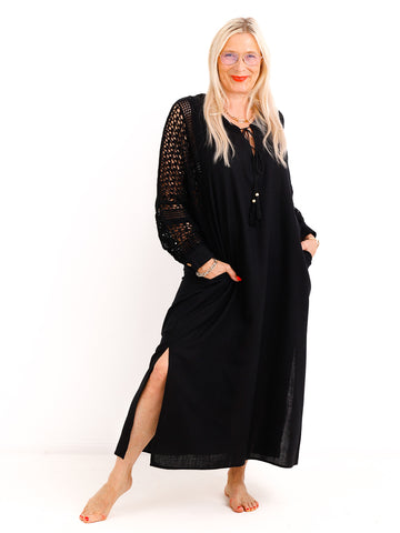 Boho-Maxikleid ESTELLE.S  – Häkel-Rücken & Ärmel – Leinen-Mix – Gr. 38-42