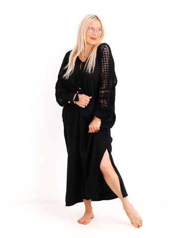 Boho-Maxikleid ESTELLE.S  – Häkel-Rücken & Ärmel – Leinen-Mix – Gr. 38-42