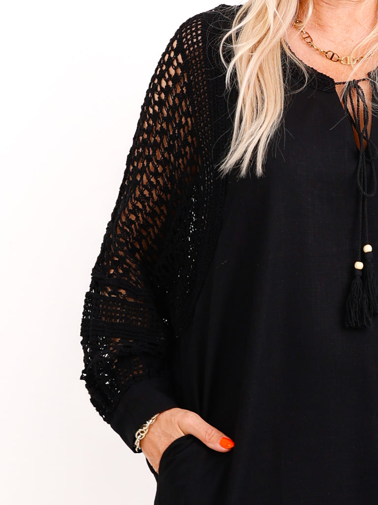 Boho-Maxikleid ESTELLE.S  – Häkel-Rücken & Ärmel – Leinen-Mix – Gr. 38-42