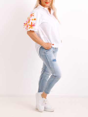 Stickerei-Bluse SORAYA.S – Ballonärmel – 100 % Baumwolle – Gr. 36-40