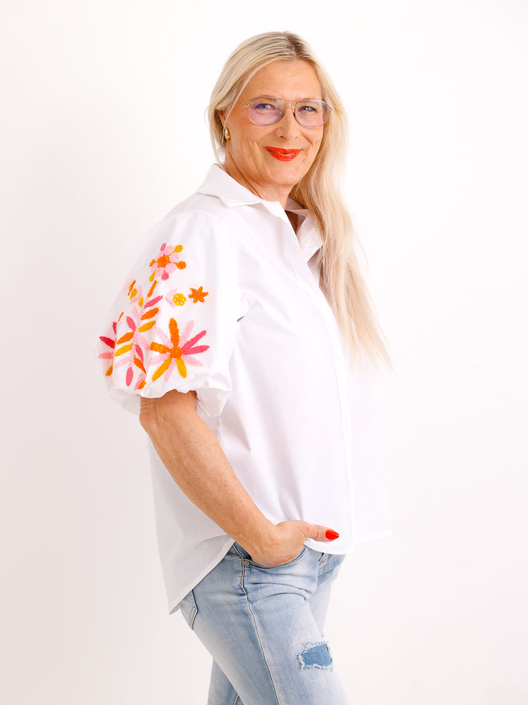 Stickerei-Bluse SORAYA.S – Ballonärmel – 100 % Baumwolle – Gr. 36-40
