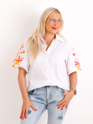 Stickerei-Bluse SORAYA.S – Ballonärmel – 100 % Baumwolle – Gr. 36-40