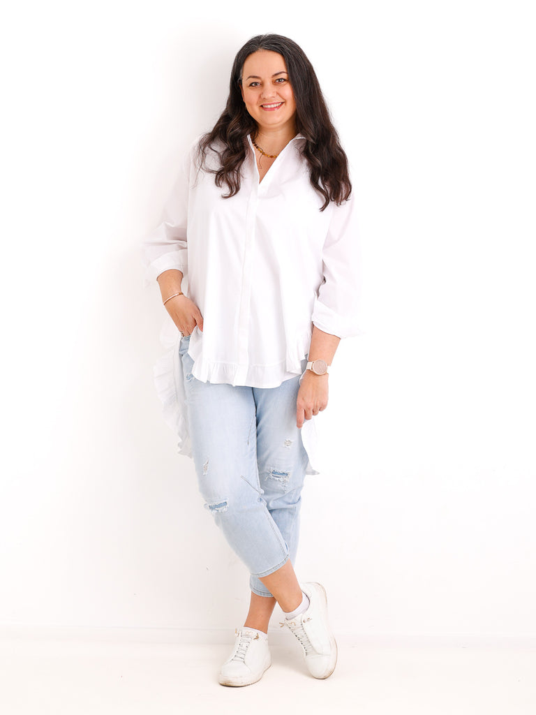 XXL Rüschen-Bluse ALENE.S  – 100 % Baumwolle – Long-Style – Gr. 42-50