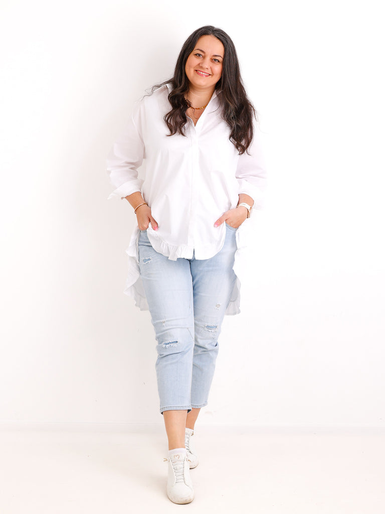 XXL Rüschen-Bluse ALENE.S  – 100 % Baumwolle – Long-Style – Gr. 42-50