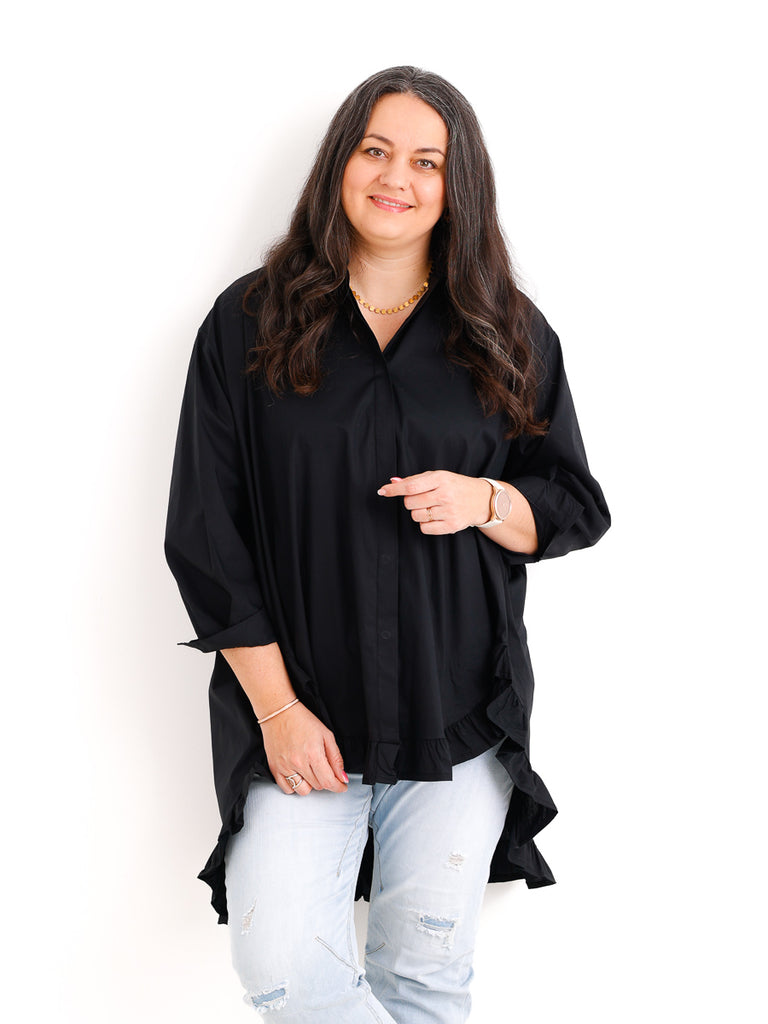 XXL Rüschen-Bluse ALENE.S  – 100 % Baumwolle – Long-Style – Gr. 42-50