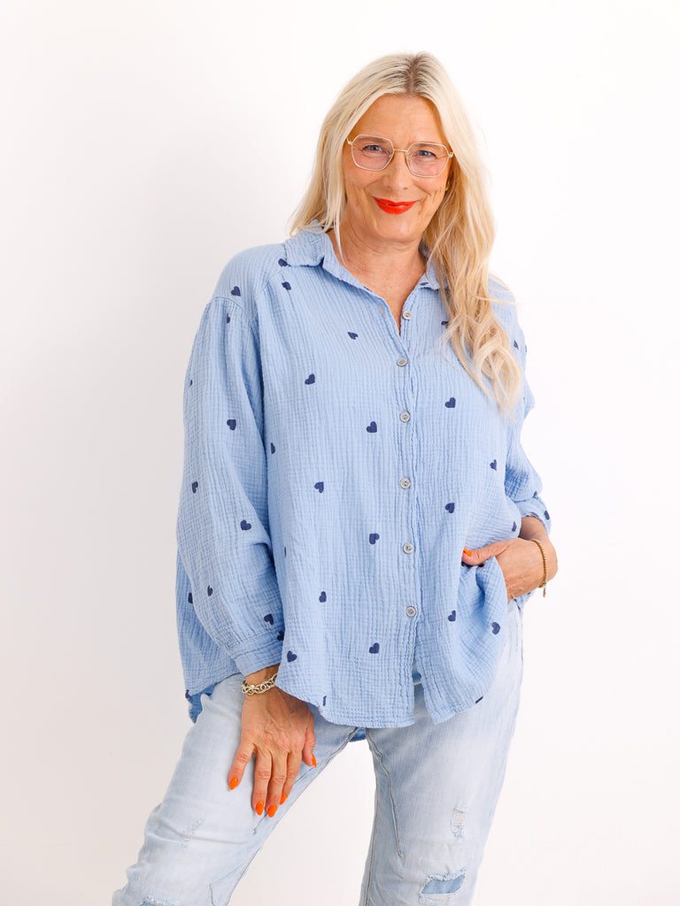 Oversize Musselin-Bluse EMMA.S– Herzchen-Print – 100 % Baumwolle – Gr. 38-48