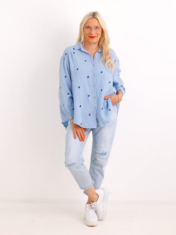Oversize Musselin-Bluse EMMA.S– Herzchen-Print – 100 % Baumwolle – Gr. 38-48