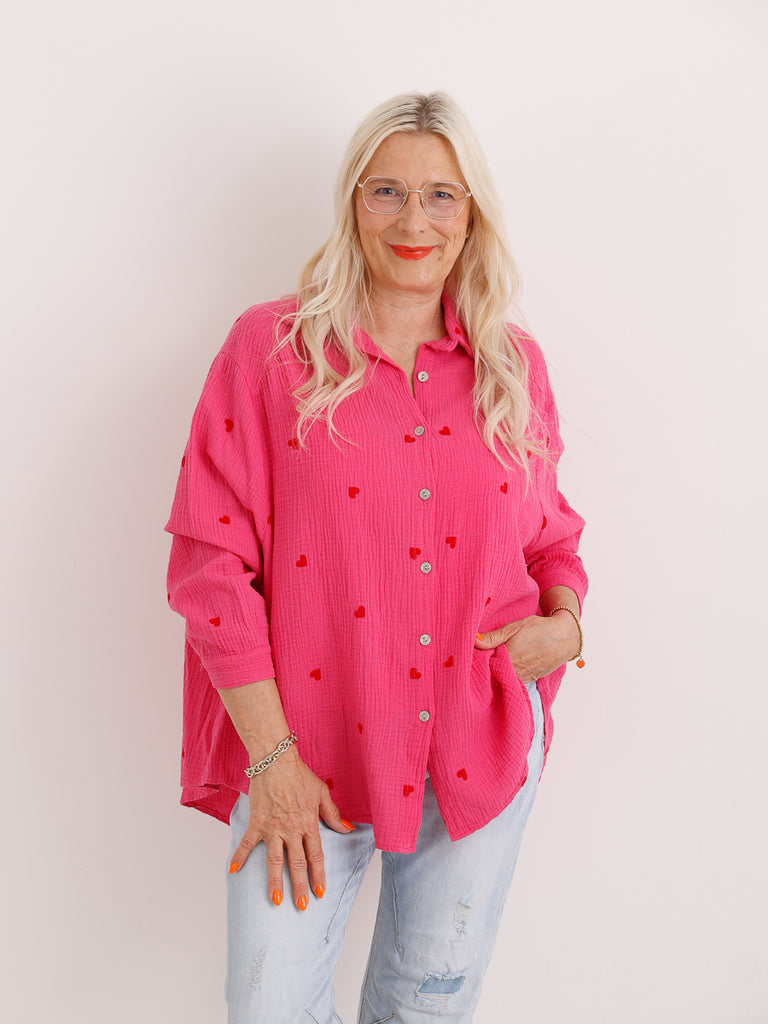 Oversize Musselin-Bluse EMMA.S– Herzchen-Print – 100 % Baumwolle – Gr. 38-48