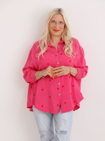 Oversize Musselin-Bluse EMMA.S– Herzchen-Print – 100 % Baumwolle – Gr. 38-48