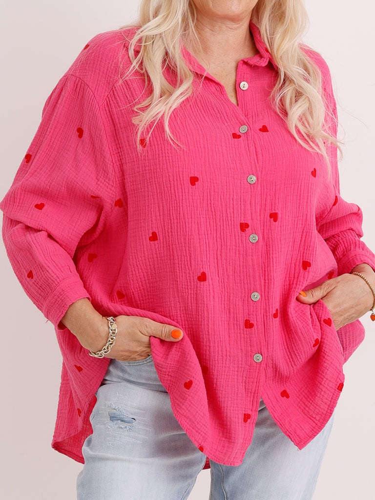 Oversize Musselin-Bluse EMMA.S– Herzchen-Print – 100 % Baumwolle – Gr. 38-48