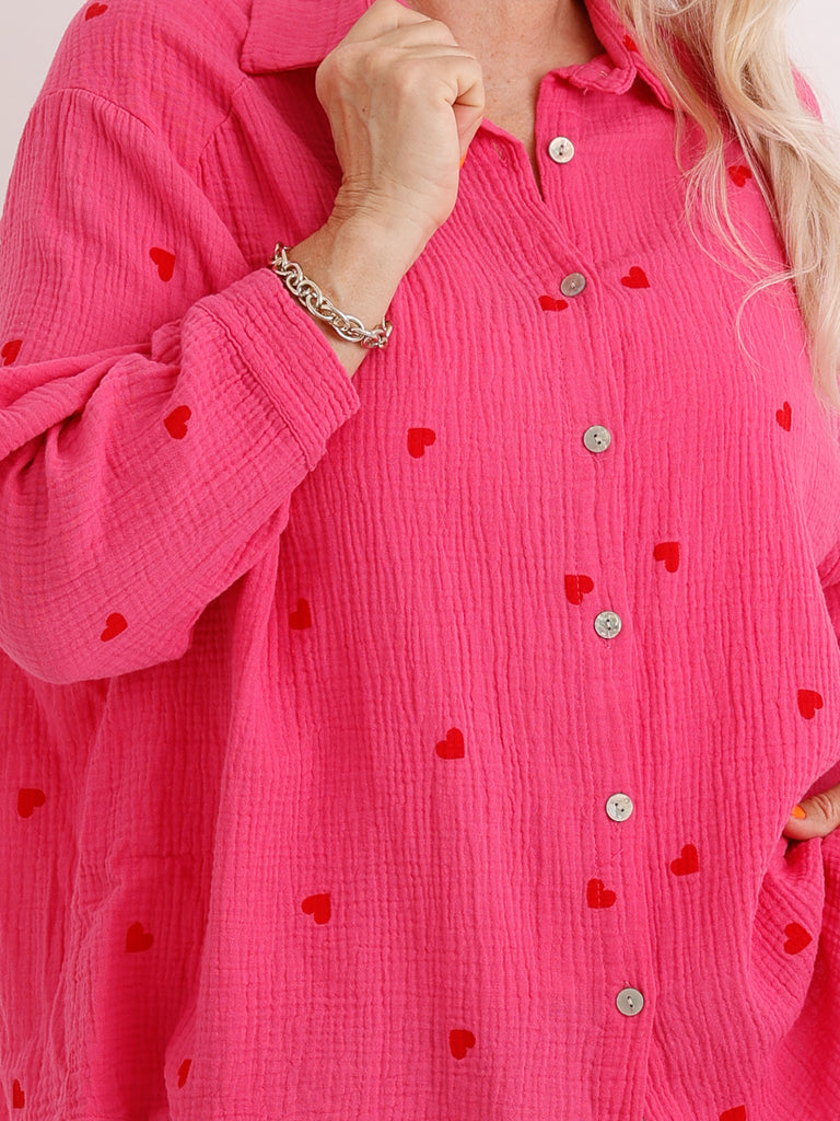 Oversize Musselin-Bluse EMMA.S– Herzchen-Print – 100 % Baumwolle – Gr. 38-48