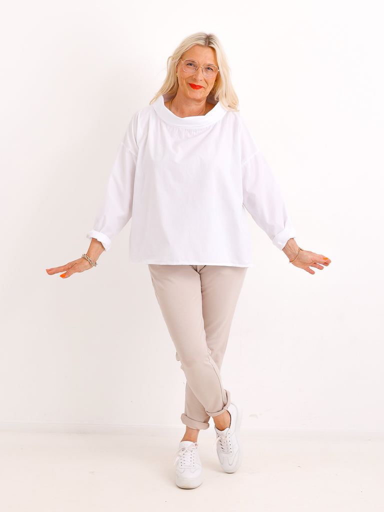 Elegante Baumwoll-Bluse SMILLA.S – Stehkragen & Faltenwurf – Gr. 38-42/44