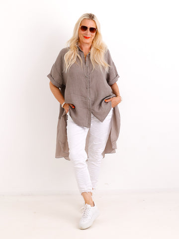 Oversize Leinen-Tunikabluse FAITH.S – Mit fließendem Saum – Gr. 38-50