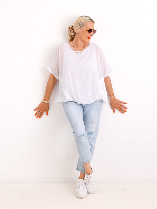 Oversize Baumwollbluse LUCIE.S – Zweilagig mit Zierbändern – Gr. 38-48