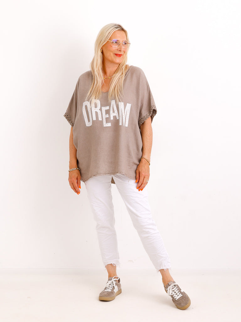 Oversize Leinen-Shirt EILEEN.S mit Jersey-Rücken & Strass – Gr. 38-48