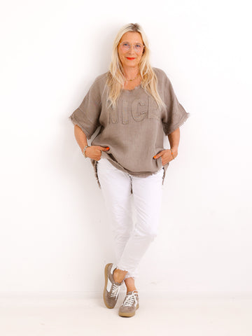 Oversize Leinen-Shirt SARAH.S mit Jersey-Rücken & Komfort-Stretch – Gr. 36-46