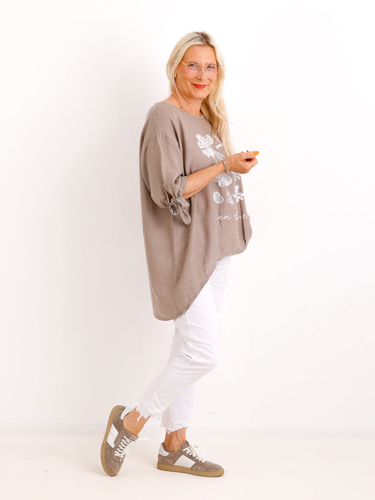 Oversize Leinen-Shirt Polly.S – Edler Muschel-Print & Strass – Gr. 38-46