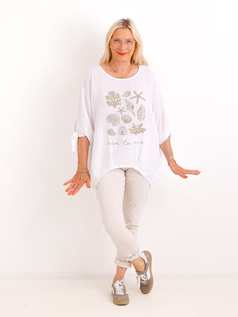 Oversize Leinen-Shirt Polly.S – Edler Muschel-Print & Strass – Gr. 38-46