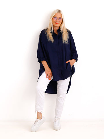XXL Baumwollbluse CHANTAL – Extra lang mit verlängerter Rückenpartie – Gr. 42– 54