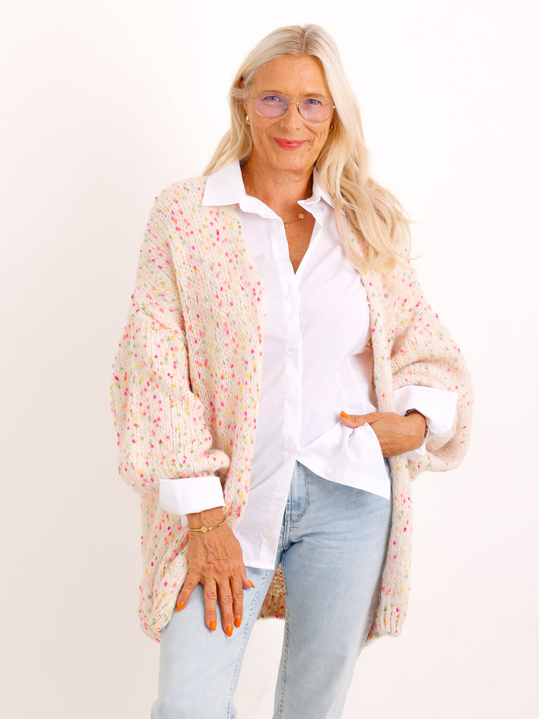 Oversize-Strickjacke ANGIE.S – Flauschiger Konfetti-Strick – Gr. 38–48