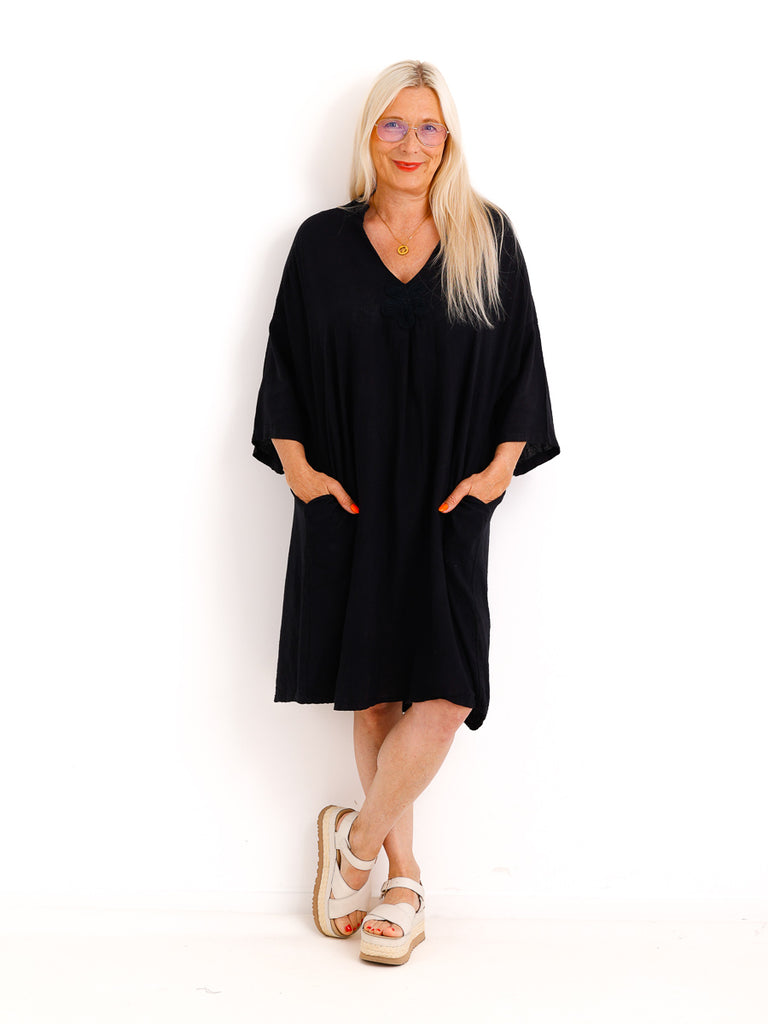 Midi Leinenkleid SERENA.S – 100 % Leinen & Florales Highlight - Gr. 38–46