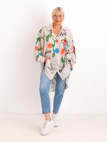 Curvy Size Bluse ELLA.S – Exotischer Papageien-Print mit Streifen-Look - Gr. 42-52