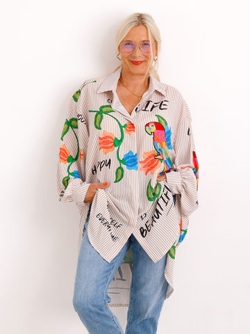 Curvy Size Bluse ELLA.S – Exotischer Papageien-Print mit Streifen-Look - Gr. 42-52