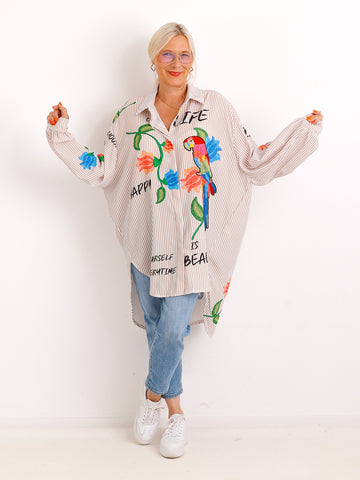 Curvy Size Bluse ELLA.S – Exotischer Papageien-Print mit Streifen-Look - Gr. 42-52