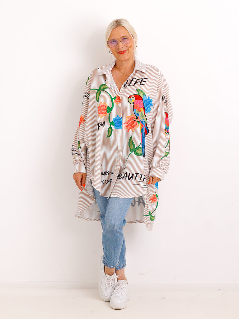 Curvy Size Bluse ELLA.S – Exotischer Papageien-Print mit Streifen-Look - Gr. 42-52