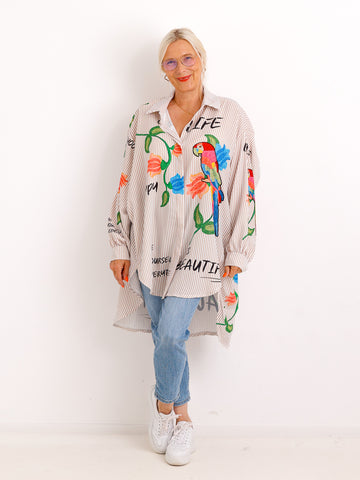 Curvy Size Bluse ELLA.S – Exotischer Papageien-Print mit Streifen-Look - Gr. 42-52