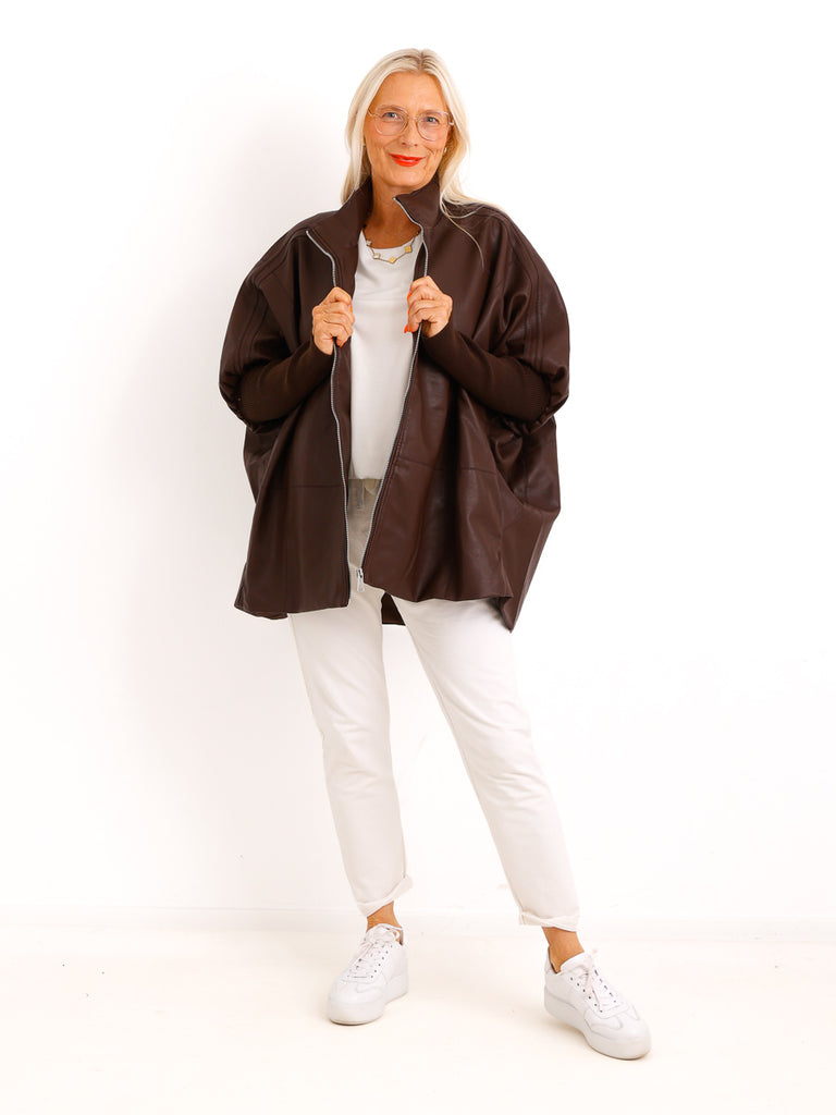 Oversize-Kunstlederjacke ROXY.S – Boxy Style mit Strickärmeln – Gr. 38-48