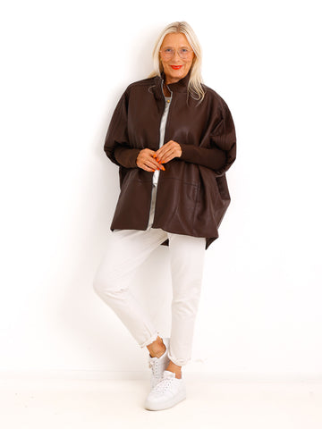 Oversize-Kunstlederjacke ROXY.S – Boxy Style mit Strickärmeln – Gr. 38-48