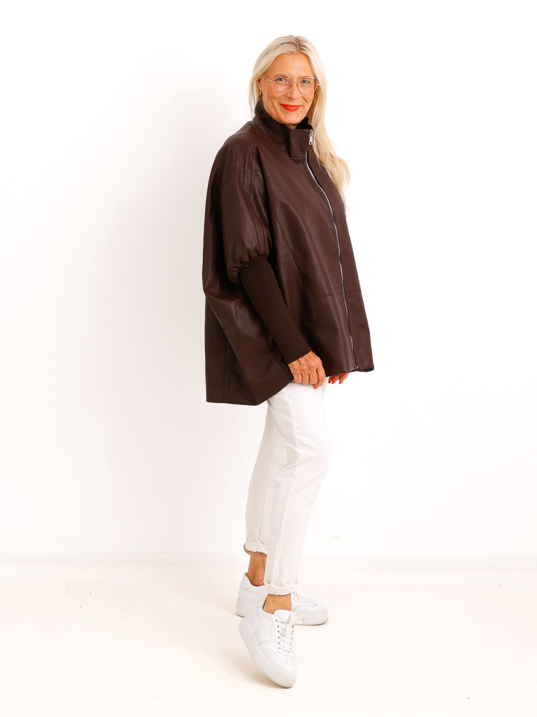 Oversize-Kunstlederjacke ROXY.S – Boxy Style mit Strickärmeln – Gr. 38-48