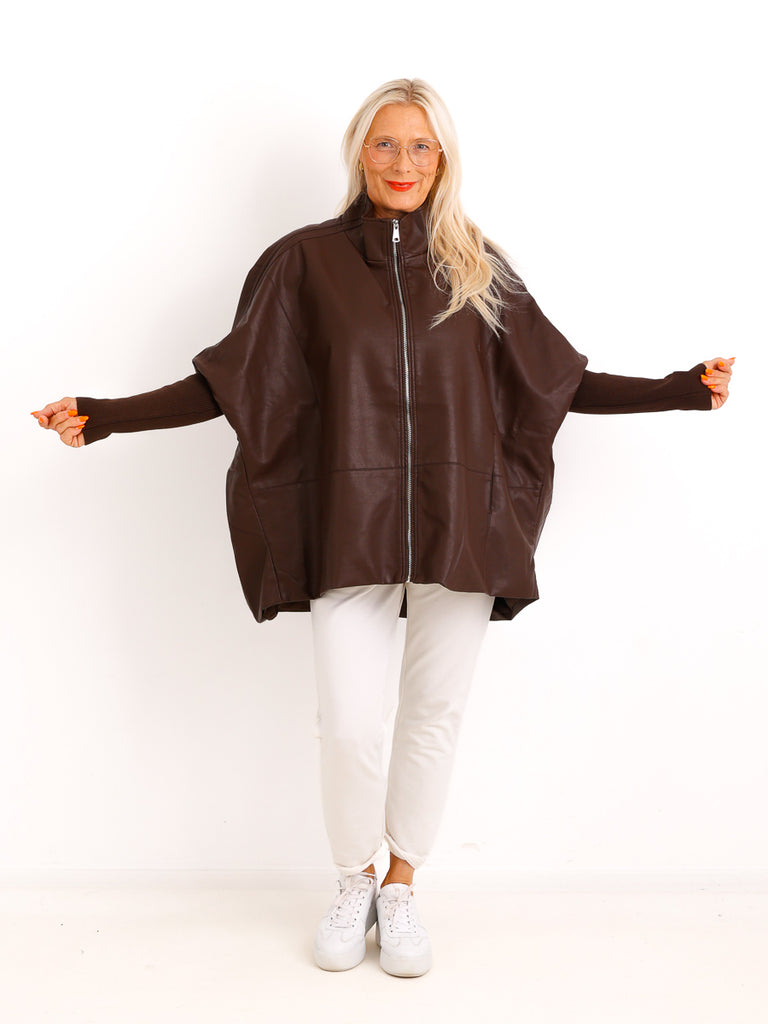 Oversize-Kunstlederjacke ROXY.S – Boxy Style mit Strickärmeln – Gr. 38-48