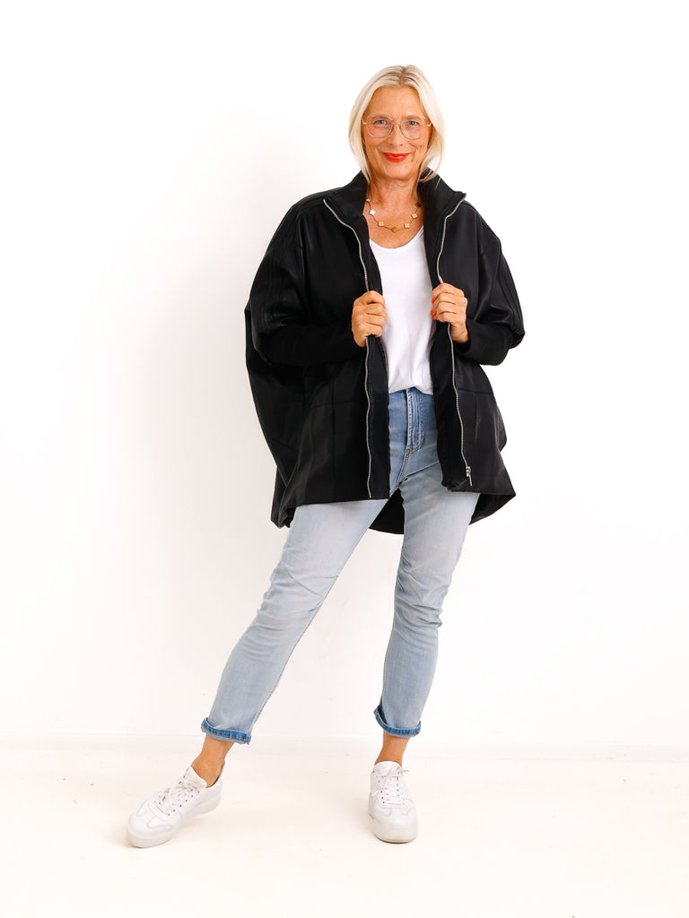 Oversize-Kunstlederjacke ROXY.S – Boxy Style mit Strickärmeln – Gr. 38-48