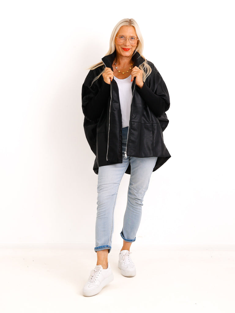 Oversize-Kunstlederjacke ROXY.S – Boxy Style mit Strickärmeln – Gr. 38-48